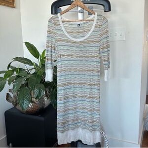 Missoni Knit Summer midi Dress Sz 6/M White Blue Scoop Neck long Sleeve